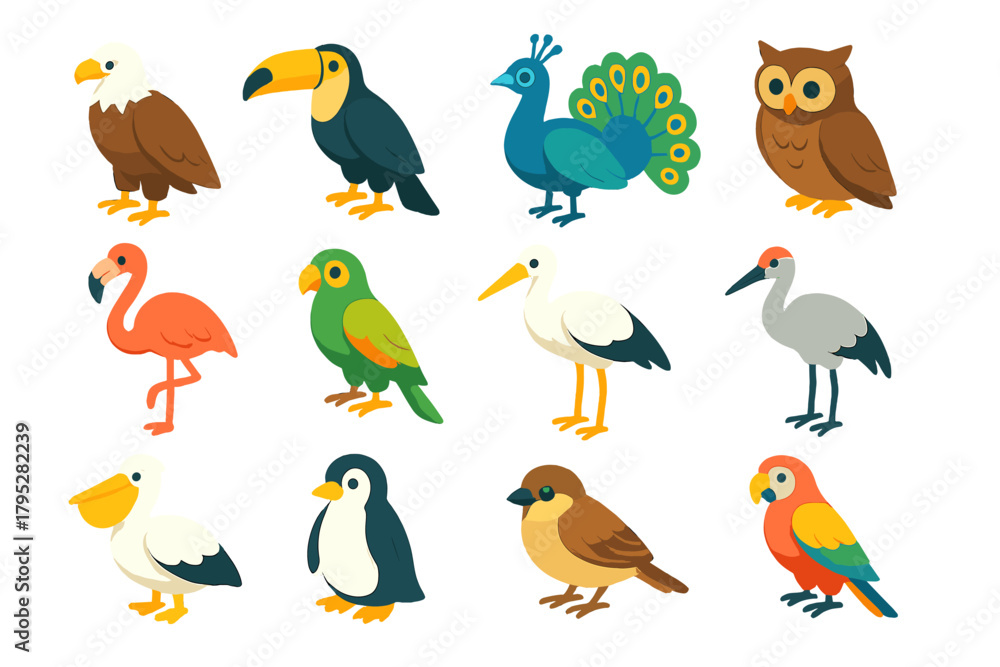 Naklejka premium Colorful Bird Icons. Bird sanctuary flat icons: eagle, toucan, peacock, owl, flamingo, parrot, stork, crane, pelican, penguin, sparrow, macaw.