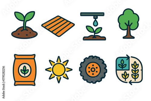 Sustainable Farming Icons. Sustainable Agriculture flat icons: sprouting seed, plowed field, drip irrigation, tree, fertilizer bag, sun rays, tractor wheel, crop rotation diagram.