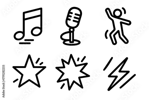 Energetic Music Icons. Expressive Energy linear icons: music note, microphone, dance pose, star, motion line, burst.
