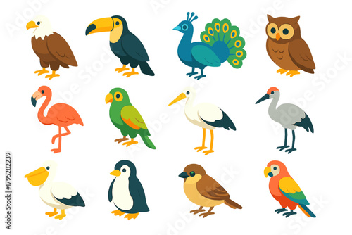 Colorful Bird Icons. Bird sanctuary flat icons: eagle, toucan, peacock, owl, flamingo, parrot, stork, crane, pelican, penguin, sparrow, macaw.