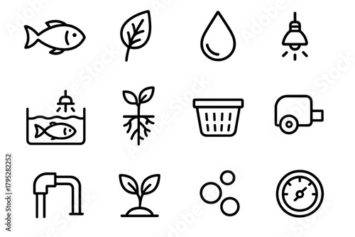 Eco System Icons. Eco Growing Systems linear icons: fish, leaf, root, droplet, water tank, light, basket, pump, pipe, plant, bubble, gauge.