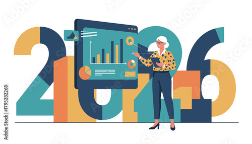 Businesswoman presenting a financial report for 2026 strategy planning and forecasting