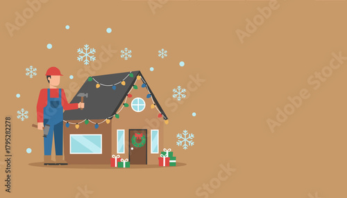 Contractor decorating or fixing a festive house during winter snowfall Home maintenance and holiday service