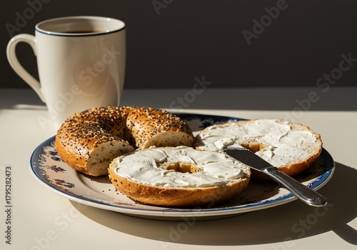 A brightly lit, colorful retro breakfast scene featuring a sliced poppy seed bagel and thick cream cheese on a vintage plate ,appetizer ,comfort food ,meal