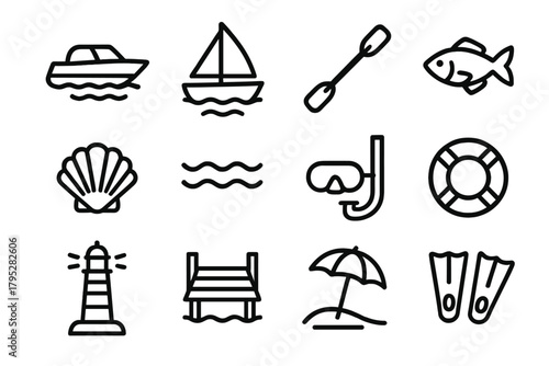 Waterfront Icon Collection. Waterfront adventures linear icons: boat, sail, paddle, fish, shell, wave, snorkel, lifebuoy, lighthouse, dock, beach umbrella, swim fins.