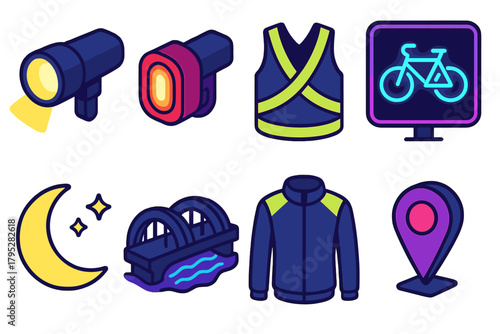 Night Cycling Icons. Night Cycling flat icons: headlight, taillight, reflective gear, neon sign, moon, city bridge, jacket, route marker.