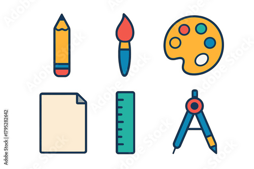 Minimalist Art Tools. Graphic Style set in modern flat vector in minimalistic vibrant color design: Pencil, Brush, Color Palette, Paper, Ruler, Compass.