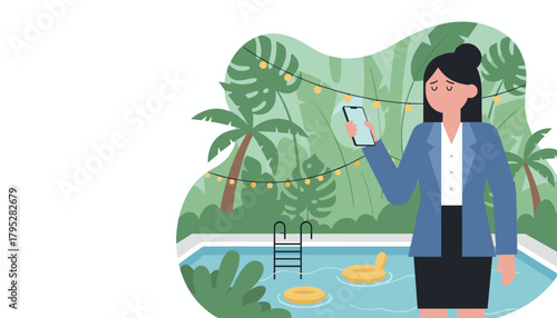 Stressed businesswoman checks phone by a tropical pool interrupted vacation or feeling burnout