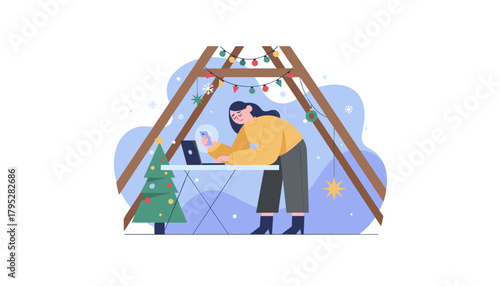 Stressed woman working remotely during Christmas distracted by phone in a festive outdoor booth