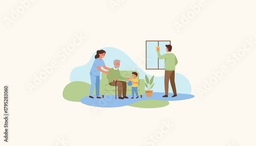 Elderly man receives home care from nurse and supportive family vector illustration