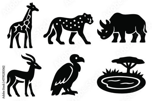 Bold Wildlife Icons. Wildlife Savanna silhouette icons set: giraffe, cheetah, rhino, gazelle, vulture, watering hole.
