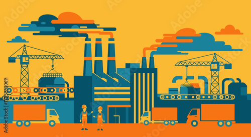 Flat design illustration of factory production with industrial workers cranes and logistics transport