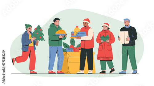 Community Christmas Cheer: A group of volunteers, filled with festive spirit, comes together, distributing gifts and necessities, embodying the joy of giving during the Christmas season.