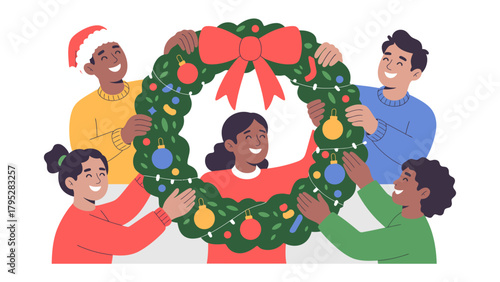 Festive Family Circle: A joyful family gathers, united in the spirit of the holiday season, to create and adorn a vibrant wreath, radiating warmth, togetherness and shared joy.