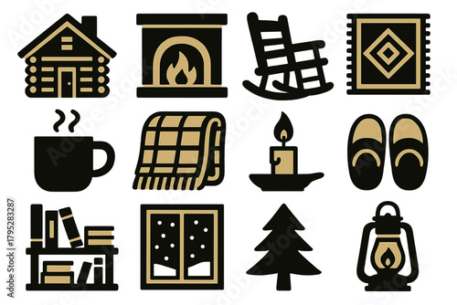 Cozy Cabin Icons. Cozy Cabin silhouette icons set: wooden cabin, fireplace, rocking chair, rug, mug, wool blanket, candle, slippers, bookshelf, window with snow, pine tree, lantern.