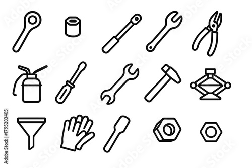 Tool Icons Collection. Automotive Mechanical Tools linear icons: ratchet, socket wrench, torque wrench, pliers, oil can, screwdriver, spanner, car jack, funnel, gloves, hammer, nut.