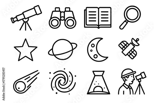 Astronomy Tools Icons. Observation linear icons: telescope, binoculars, notebook, magnifying glass, star, planet, moon, satellite, comet, galaxy, light beam, astronomer.