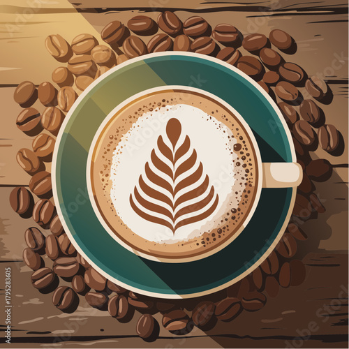 Warm coffee with latte art and coffee beans on wooden table, inviting break concept, delicious aroma, perfect for cafe menu or blog posts, cozy vibes