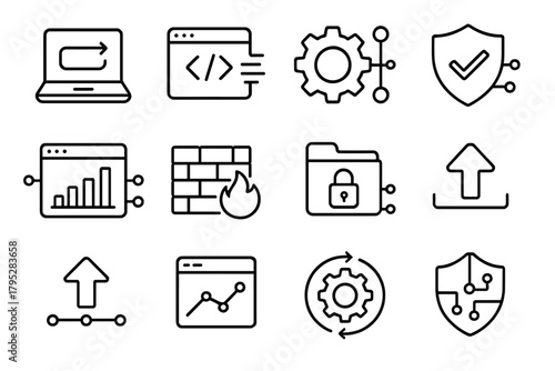 Tech Security Symbols. Software Integration linear icons: laptop screen, app window, code icon, gear emblem, data stream, shield badge, connection lines, dashboard screen, firewall.