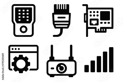 Bold Network Icons. Network Maintenance silhouette icons set: cable tester, Ethernet cable, network card, IP settings icon, router reset button, signal meter.