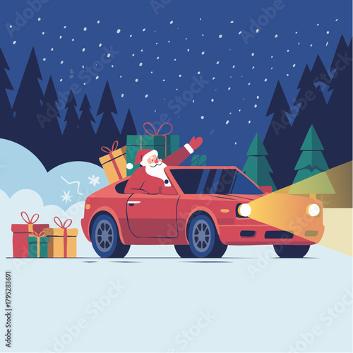 Santa Claus cruises in a red sports car delivering Christmas gifts through a snowy winter wonderland, spreading holiday cheer and joy to all