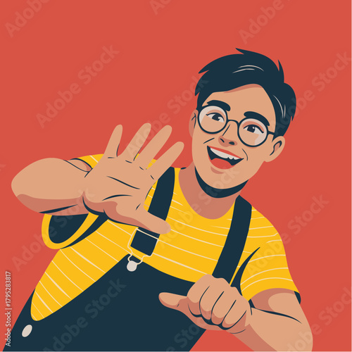 Cheerful young man with glasses waving hello, radiating positivity and approachability, perfect for friendly greetings and positive messages, originally vector graphic