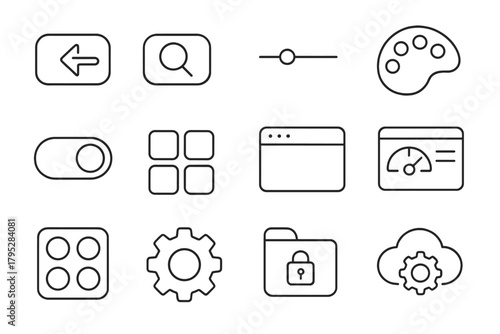 UI Elements Collection. UI Customization linear icons: button icons, slider control, color picker, toggle switch, layout grid, app window, dashboard interface, theme palette, gear.