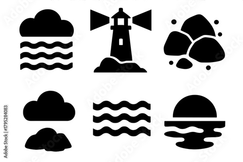 Brutalist Coastal Icons. Coastal Drizzle silhouette icons set: sea mist, lighthouse, damp rocks, light cloud, rippling waves, horizon glow.