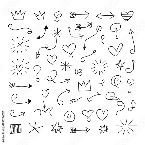 Hand drawn doodle icons including arrows, hearts, crowns, stars and question marks