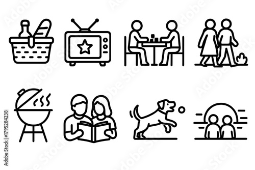 Weekend Activities Icons. Weekend Together linear icons: picnic basket, movie night, board game, outdoor walk, barbecue grill, reading together, playful dog, sunset view.