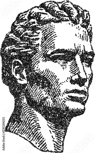 Classic Roman or Greek statue head illustration in a stipple engraving style. Vector graphic of an ancient emperor, philosopher or god for history and art themes