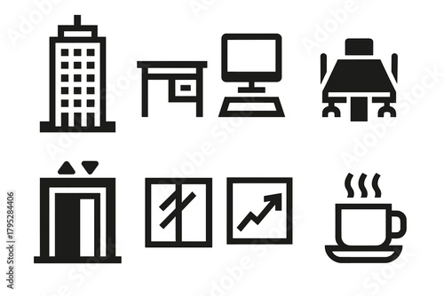 Brutalist Office Icons. Office Architecture silhouette icons set: skyscraper, desk, computer, meeting table, elevator, window, chart, coffee cup.