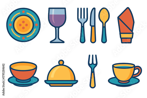 Vibrant Tableware Icons. Festive Tableware Icons in modern flat vector in minimalistic vibrant color design: decorated plate, crystal glass, silver cutlery, folded napkin, soup.
