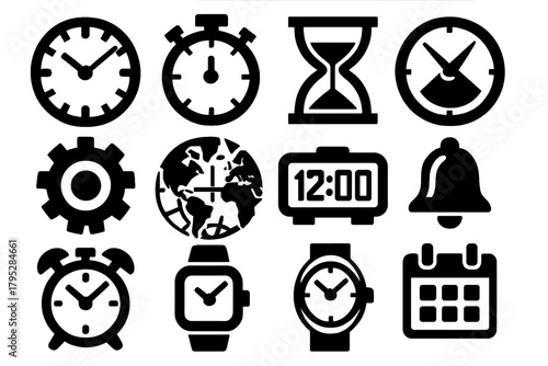 Bold Time Icons. Chronometry silhouette icons set: clock face, stopwatch, hourglass, sundial, gear, time zone map, digital clock, bell, alarm, wristwatch, pendulum, calendar.