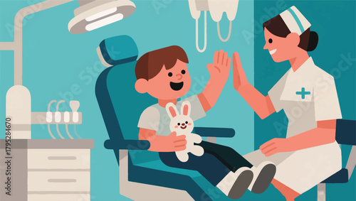 Illustration Of A Boy Carrying A Doll Who Is About To Be Examined By A Nurse Vector Design Template