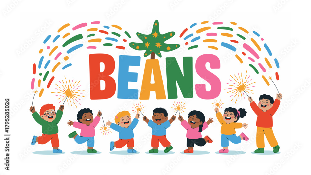 Naklejka premium Colorful Sparkler Celebration: A vibrant scene of children joyfully celebrating with sparklers beneath the playful lettering BEANS, creating a joyous atmosphere.