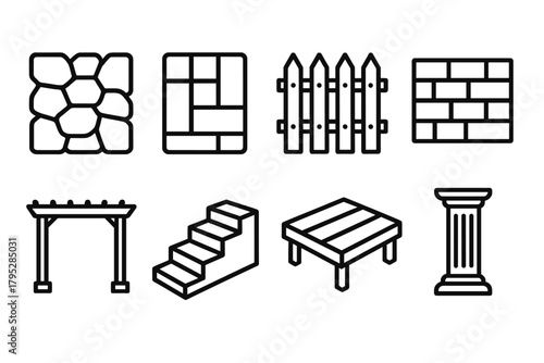 Hardscape Elements Icons. Hardscaping Elements linear icons: stone wall, paver, fence, retaining wall, pergola, steps, deck, column.