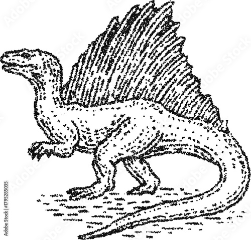 Detailed stipple drawing of a Spinosaurus, the large carnivorous dinosaur. Vector illustration of the prehistoric predator, ideal for projects about paleontology and the Jurassic era, isolated on whit