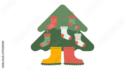 Christmas Tree and Boots: Whimsical Christmas tree decorated with festive socks and adorned with matching wellington boots at the base. Evoking warmth and anticipation of joyful festivities.