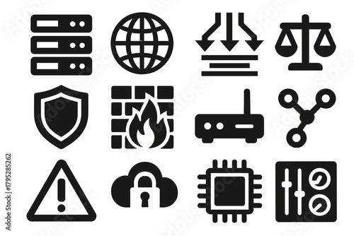 Brutalist Network Icons. Network Load Balancing silhouette icons set: server rack, network globe, data flow, balance scale, shield icon, firewall grid, router symbol, connection.