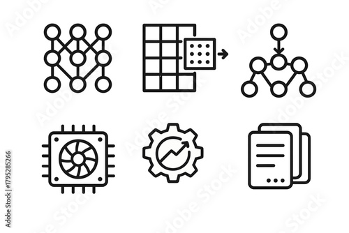 Deep Learning Icons. Deep Learning Tools linear icons: neural layers, convolution, backpropagation, GPU, optimizer, batch processing.