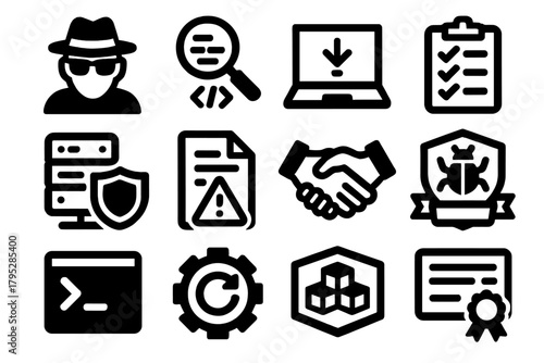 Ethical Hacking Icons. Ethical Hacking silhouette icons set: whitehat hacker, magnifying glass on code, penetration test laptop, checklist clipboard, shielded server, vulnerability.