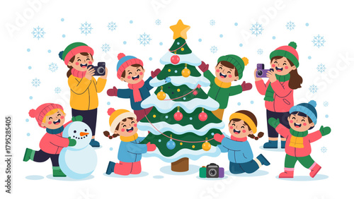Winter Holiday Magic: A group of children eagerly surround a festive Christmas tree, embracing the holiday season with joy, snow and laughter.
