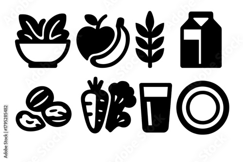 Bold Healthy Icons. Healthy Eating Set silhouette icons set: salad bowl, fruit, grains, milk, nuts, vegetables, water glass, plate.