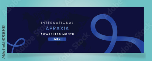 International Apraxia Awareness Month in May: Blue Ribbon Banner with World Map on a Dark Blue Background