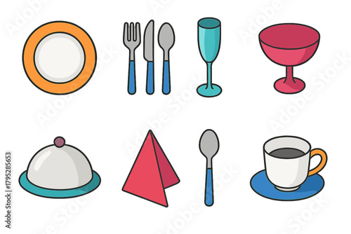 Elegant Tableware Icons. Elegant Tableware Pack flat icons: charger plate, silverware set, champagne flute, dessert bowl, serving platter, folded napkin, spoon, cup.