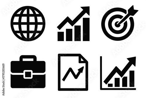 Brutalist Market Icons. Market growth silhouette icons set: globe, bar graph, target board, briefcase, chart paper, upward trend.