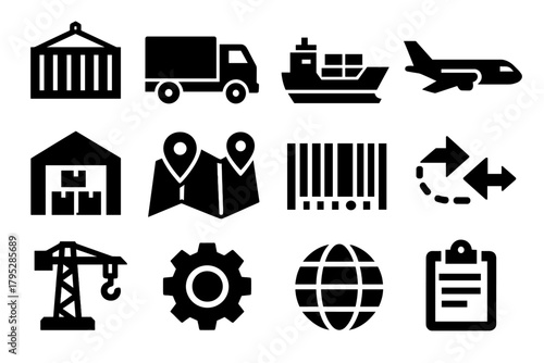 Bold Freight Icons. Freight Network silhouette icons set: container, truck, ship, airplane, warehouse, map, barcode, route arrows, crane, gear, globe, clipboard.