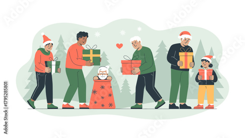 Festive Gift Exchange: A heartwarming illustration depicts a diverse group exchanging Christmas gifts amidst a serene winter landscape, radiating the spirit of generosity and goodwill.