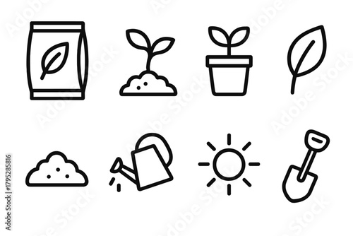 Gardening Essentials Icons. Plant Seeds linear icons: seed packet, sprout, pot, leaf, soil, watering can, sunlight, shovel.